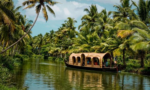 A boat glides through lush tropical forest, surrounded by serene waters.